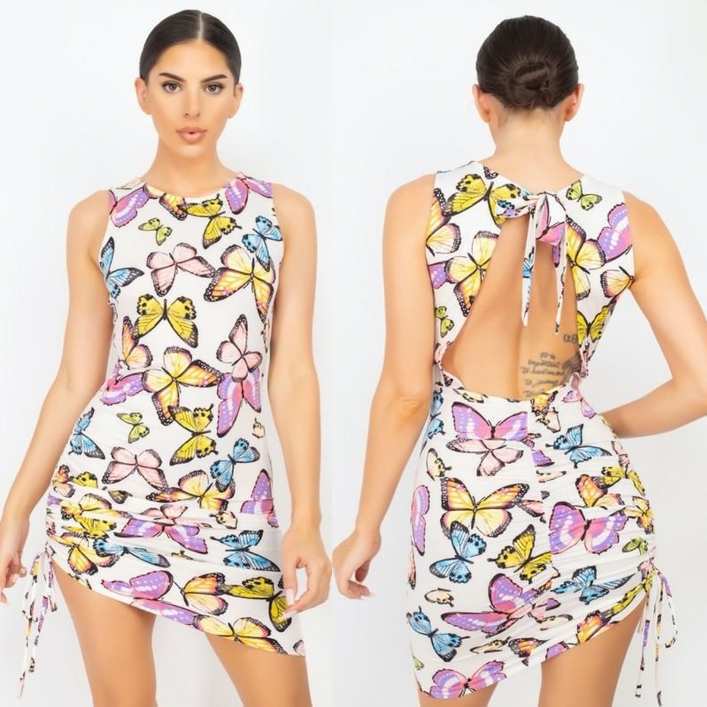 🦋 Ivory Butterfly Spring Summer Side-Ruching Mini Dress (B)